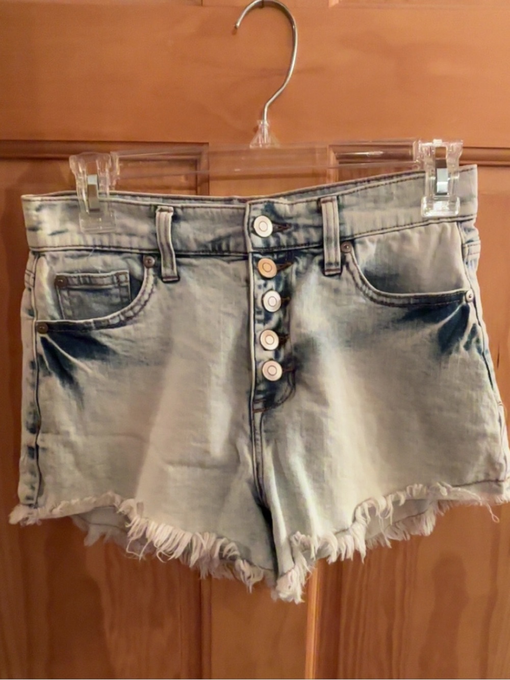 Altar’d State High-Rise Light Wash Denim Frayed Hem Shorts